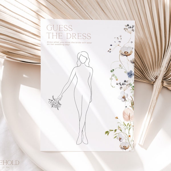 ENCHANTÉ | Devinez la robe modèle de jeu de douche nuptiale Télécharger minimaliste Floral Draw Wedding Dress Game Modèle modifiable imprimable