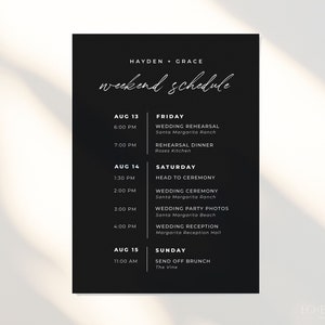 MIDNIGHT | Wedding Itinerary Template Download Black Modern Minimalist Wedding Weekend Timeline Schedule of Events Card Editable Printable