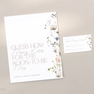 ENCHANTED | Guess How Many Kisses For The Soon To Be Mrs Bridal Shower Game Editable Template Minimal Floral How Many Kisses Sign and Card
