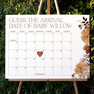 Autumn Baby Due Date Calendar Sign, Fall Baby Shower Calendar, Editable Template Download, Rustic Guess The Birthday Game Printable | MAPLE