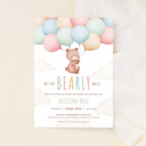 TEDDY | Bear Baby Shower Invitation Template DIY Download Baby Bear With Balloons Baby Shower Invite Editable Printable Template