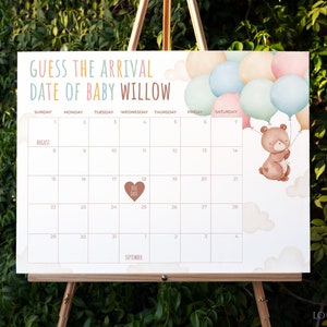 TEDDY | Bear Baby Due Date Calendar Sign Baby Shower Template Download Bear With Balloon Guess The Birthday Game Editable Printable
