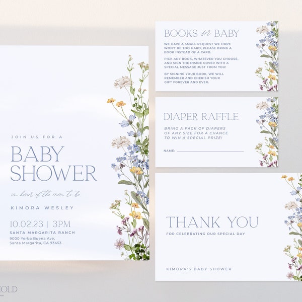 Blue Floral Baby Shower Invitation Set Template, Wildflower Baby Shower Invite Bundle Package, Printable Editable Template Set | MELODY