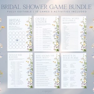 15 Bridal Shower Games Bundle, Wildflower Bridal Shower Game Template, Printable Blue Floral Bridal Shower Game Package Activities | MELODY