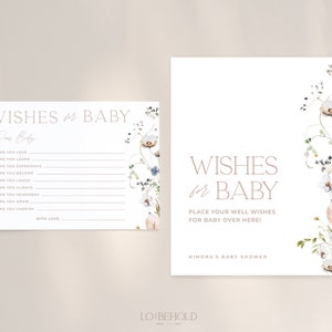 ENCHANTED | Baby Shower Wishes For Baby Card Editable Template DIY Instant Download Minimal Floral Baby Wishes Printable Card and Sign