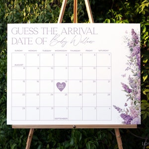 Wisteria Baby Due Date Calendar Template Purple Floral Baby Shower Editable Template Download Guess The Birthday Game Printable Sign | ROYAL
