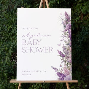 Wisteria Baby Shower Welcome Sign, Purple Floral Welcome Poster Template, Printable Baby Shower Welcome, Editable 18x24, 24x36 Sign | ROYAL
