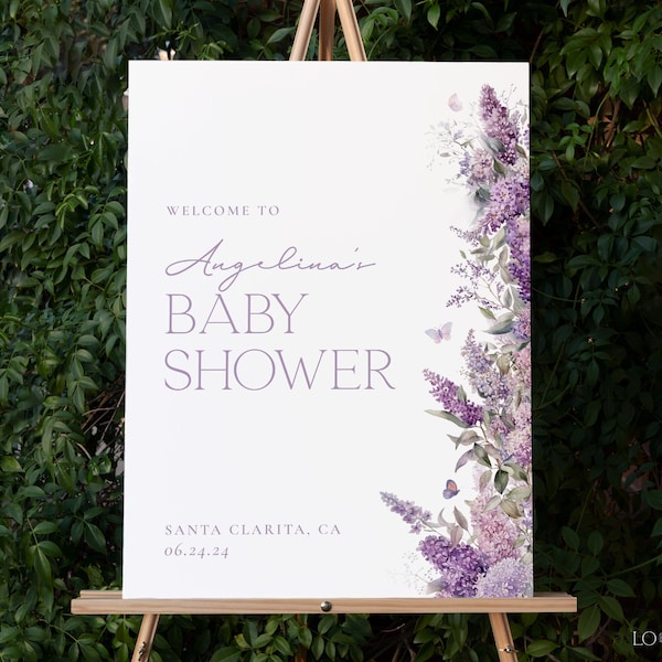 Wisteria Baby Shower Welcome Sign, Purple Floral Welcome Poster Template, Printable Baby Shower Welcome, Editable 18x24, 24x36 Sign | ROYAL