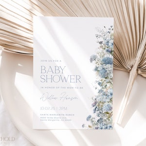 Blue Floral Baby Shower Invitation Template, Dusty Blue Spring Floral Baby Shower Invite, Printable Hydrangea Editable Invite | SKY