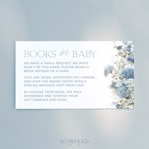 Blue Floral Books For Baby Card Template, Hydrangea Baby Shower Baby Book Enclosure Card, Printable Books for Baby Insert Editable | SKY