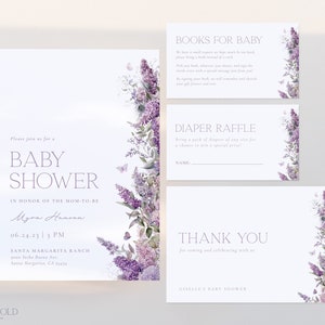 Wisteria Baby Shower Invitation Set Template, Purple Floral Baby Shower Invite Bundle Package, Printable Editable Template Set | ROYAL