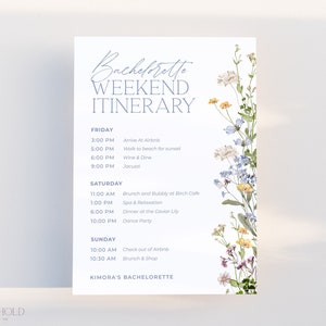 Wildflower Bachelorette Weekend Itinerary Template, Minimalist Blue Floral Bridal Party Weekend Timeline Printable Download, 5x7 | MELODY