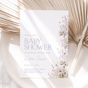 Floral Baby Shower Invitation Template, Printable Lavender Baby Shower Invite, Purple Floral Invite Editable Instant Download | LAVENDER