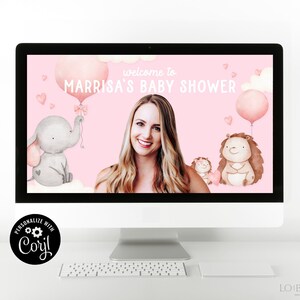 May include: A pink and white digital background with a woman in the center. The background has a pink sky with white clouds, a pink balloon with a pink ribbon, a gray elephant holding a pink balloon, and two brown hedgehogs. The text "welcome to MARRISA'S BABY SHOWER" is at the top of the image.