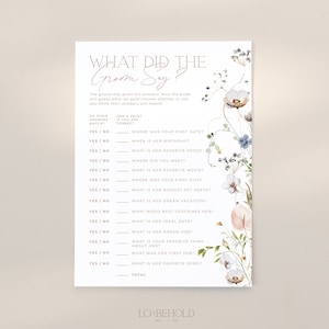 ENCHANTED | What Did The Groom Say Bridal Shower Game Editable Template Minimal Floral What Did He Say About His Bride Printable Activity