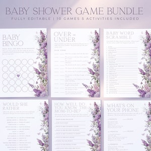 May include: A set of printable baby shower game cards with a floral design. The games include Baby Bingo, Over or Under, Baby Word Scramble, Would She Rather, How Well Do You Know the Mom-to-Be?, and What's on Your Phone.