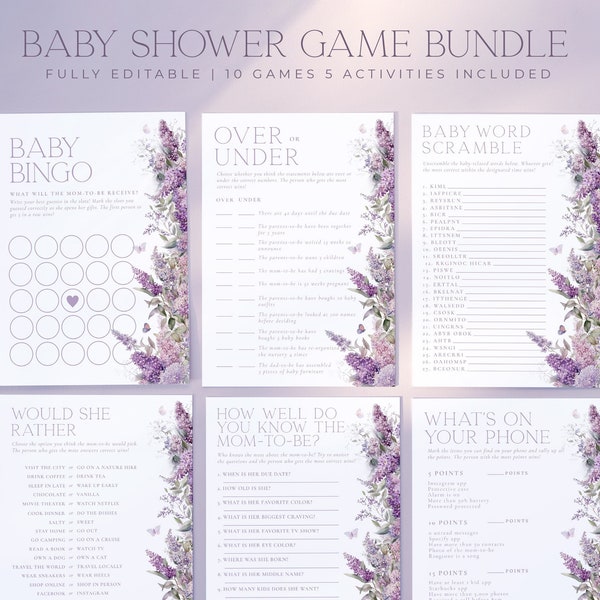 15 Baby Shower Games Bundle, Wisteria Baby Shower Game Template, Printable Purple Floral Baby Shower Game Package Activities Set | ROYAL