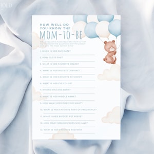 TEDDY | Who Knows Mommy Best Baby Shower Game Template Blue Bear How Well Do You Know The Mommy To Be Baby Shower Editable Printable