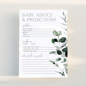 CYPRESS | Advice and Predictions Baby Shower Game Editable Template Minimalist Greenery Baby Shower Predictions Card Printable Activity