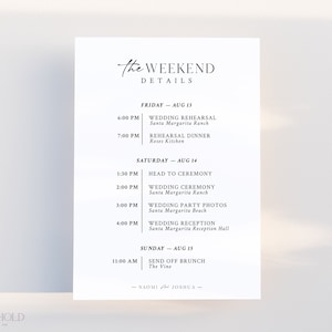 Wedding Itinerary Template Download Modern Minimalist Wedding Weekend Timeline Schedule of Events Card Editable Printable Template | WI-A