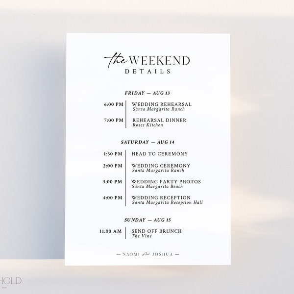 Wedding Itinerary Template Download Modern Minimalist Wedding Weekend Timeline Schedule of Events Card Editable Printable Template | WI-A