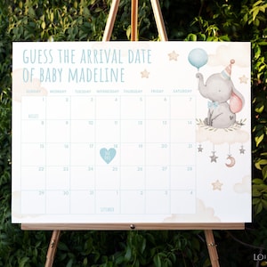 DREAM | Elephant Baby Due Date Calendar Sign Baby Shower Template Download Elephant Guess The Birthday Game Editable Printable Template
