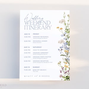 Wedding Itinerary Template, Wildflower Minimalist Wedding Weekend Timeline, Schedule of Events Card Editable Printable Download 5x7 | MELODY