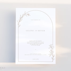 May include: A wedding invitation featuring a gold arch and floral design. The text reads "The Wedding of Celine and River" and includes the date and location of the wedding.