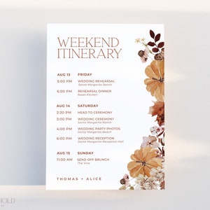 MAPLE | Autumn Wedding Itinerary Template Wedding Weekend Timeline Rustic Fall Schedule of Events Card Editable Printable Template