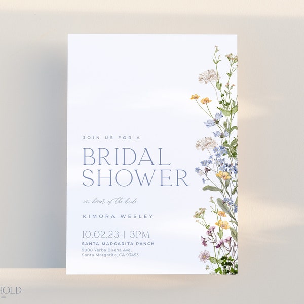 Floral Bridal Shower Invitation Template, Minimalistic Wildflower Wedding Editable Template, Blue Floral Invite Printable Download | MELODY