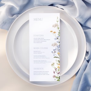 Floral Wedding Menu Template, Minimalist Floral Menu Card Editable Template Download, Elegant Blue Wildflower Dinner Menu Printable | MELODY