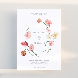 LOVE | Blush Pink Floral Wedding Invitation Template Instant Download Minimalist Spring Pink Wedding Invite Editable Printable Template