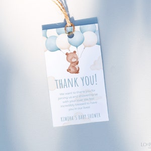 TEDDY | Bear Thank You Tag Template Download Blue Baby Shower Baby Bear With Balloon Party Favor Tag Thank You Label Printable Template