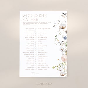 ENCHANTED | Would She Rather Bridal Shower Game Editable Template Instant Download Floral Minimal Bridal Shower Quiz Game Printable