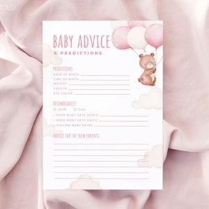 TEDDY | Pink Bear Advice and Predictions Baby Shower Game Editable Template Bear With Balloon Baby Predictions Card Printable Activity