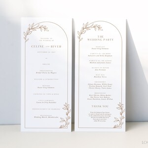 Pode incluir: Programa da cerimônia de casamento com um arco dourado e um design floral. O programa inclui os nomes da noiva e do noivo, Celine e River, e a festa de casamento. A cerimônia será realizada em 22 de setembro de 2023.
