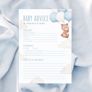 TEDDY | Blue Bear Advice and Predictions Baby Shower Game Editable Template Bear With Balloon Baby Predictions Card Printable Activity