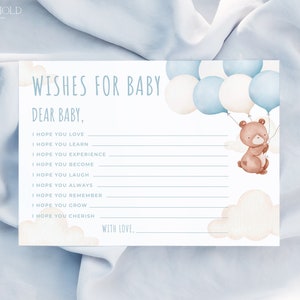 TEDDY | Blue Bear Wishes For Baby Card Template Download Baby Shower Bear With Balloon Baby Wishes Card Editable Printable Template