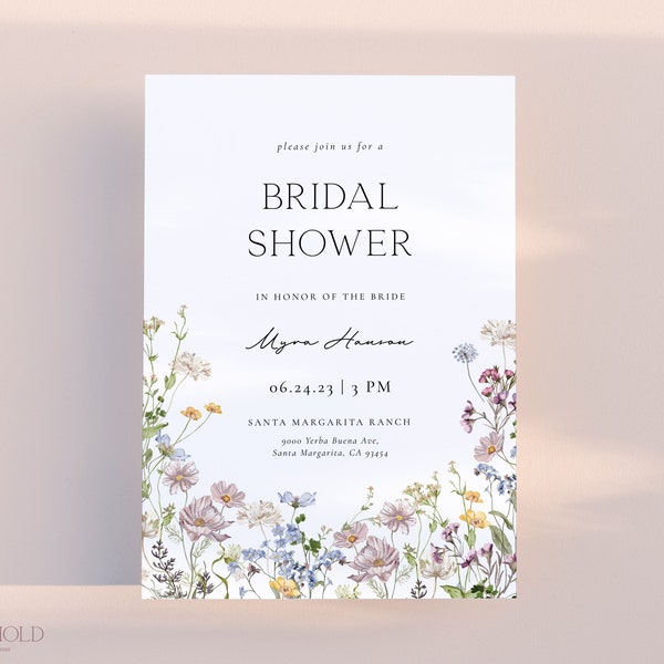 Wildflower Bridal Shower Invitation Template, Minimalistic Floral Wedding Editable Template, Spring Floral Invite Printable Download | EDEN