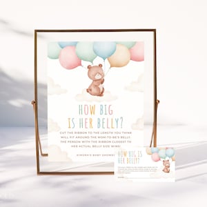 TEDDY | How Big Is Her Belly Baby Shower Game Bear With Balloon How Big Is Mommy's Belly Sign and Card Printable Editable Template