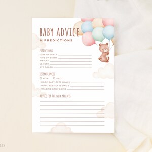 TEDDY | Bear Advice and Predictions Baby Shower Game Editable Template Bear With Balloon Baby Predictions Card Printable Activity