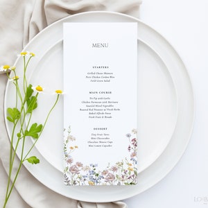 Wildflower Wedding Menu Template, Minimalist Floral Menu Card Editable Template Download, Elegant Spring Floral Dinner Menu Printable | EDEN