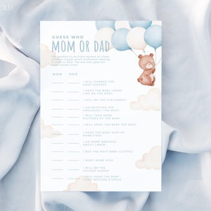 TEDDY | Mommy or Daddy Baby Shower Game Editable Template Download Blue Bear With Balloon Baby Shower Guess Who Said It Game Printable