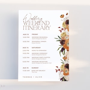 MERLOT | Wedding Itinerary Template Elegant Autumn Wedding Weekend Timeline Fall Floral Schedule of Events Card Editable Printable Template