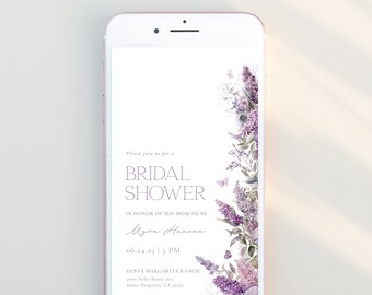 May include: A digital invitation for a bridal shower with a floral design featuring purple flowers and butterflies. The text reads "Please join us for a Bridal Shower in honour of the Mom-to-be Myra Hansen 06.24.23 | 3 PM Santa Margarita Ranch 9000 Terdo Buena Ave. Santa Margarita, CA 93454"