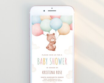 TEDDY | Bear Baby Shower Digital Invitation Evite Template Bear With Balloon Baby Shower Electronic Invite Text Evite Editable Template