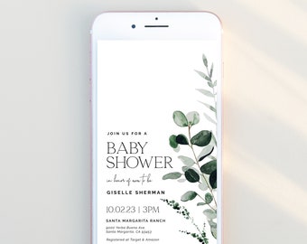 CYPRESS | Digital inbjudan till babyshower, mall för minimalistisk grönska, elektronisk inbjudan till babyshower, redigerbar mall