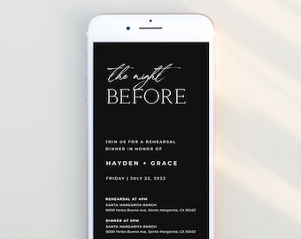 MIDNIGHT | Minimalist Rehearsal Dinner Invitation Evite Template Simple Modern Black Rehearsal Electronic Invite The Night Before Editable