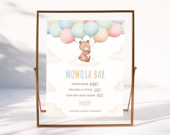 TEDDY | Bear Momosa Bar Sign Template Bear With Balloon Mom-osa Bar Table Sign Baby Shower Decoration Editable Printable Template