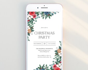 May include: A white smartphone displays a Christmas party invitation. The invitation features floral arrangements with red roses, blue flowers, and green foliage. Text includes "CHRISTMAS PARTY" and event details.